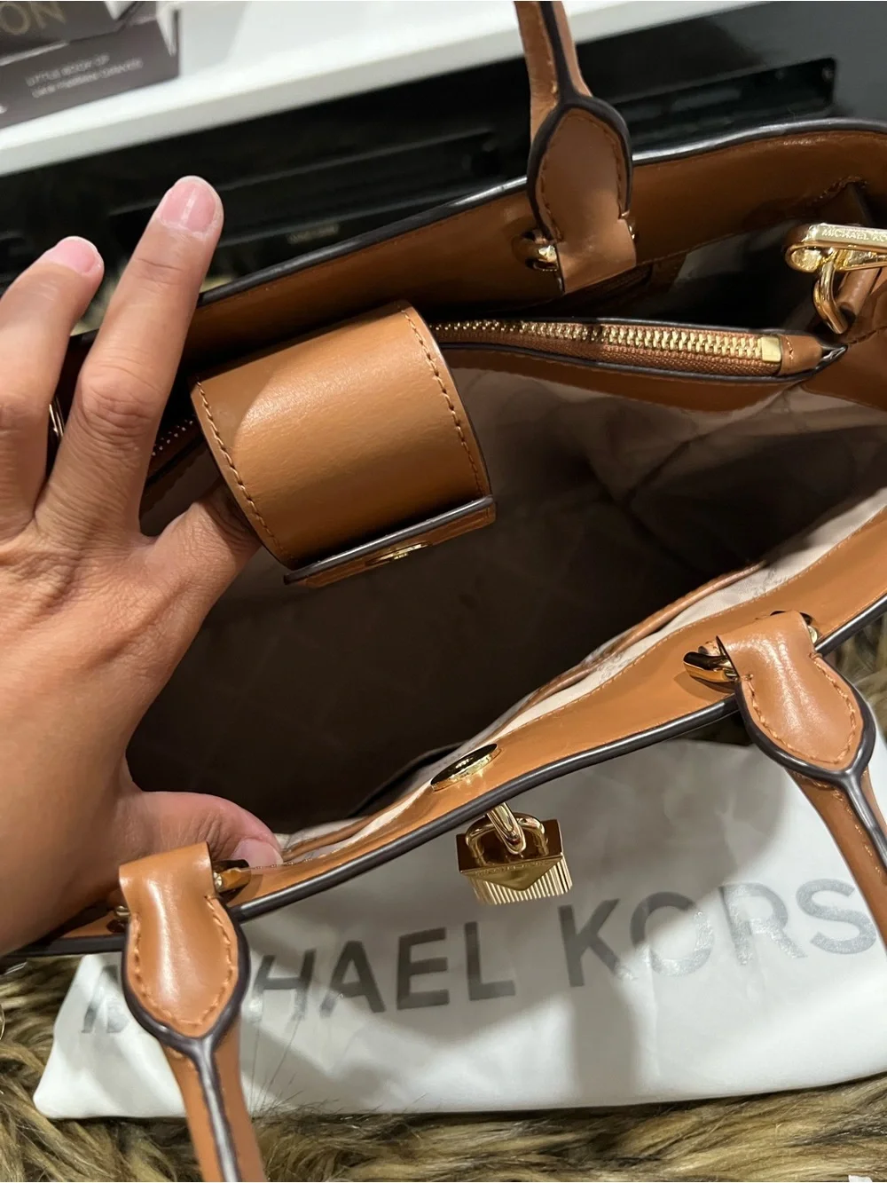 Michael Kors Quilted Tote in Cognac Brown with Gold Hardware